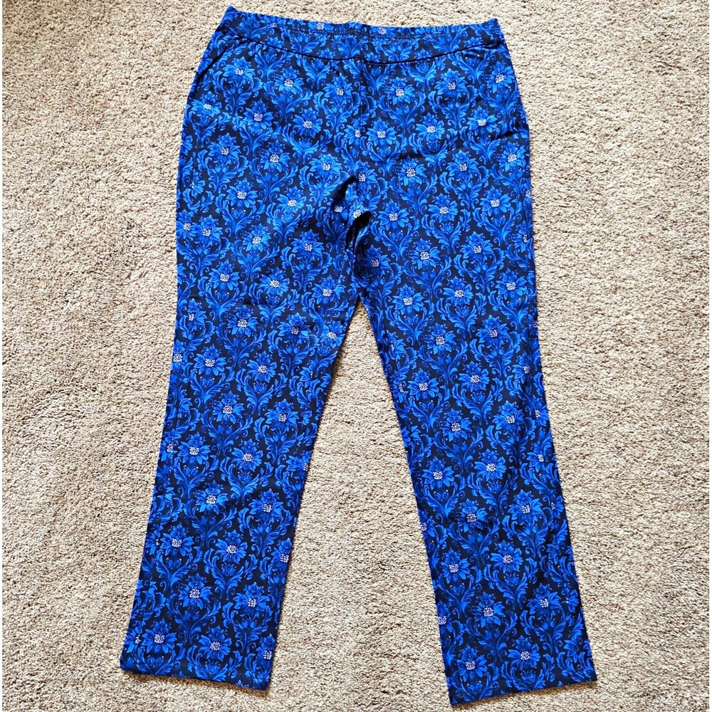Isaac Mizrahi Pull On Pants 14P Blue Stretch Slim Straight Floral Print Petite